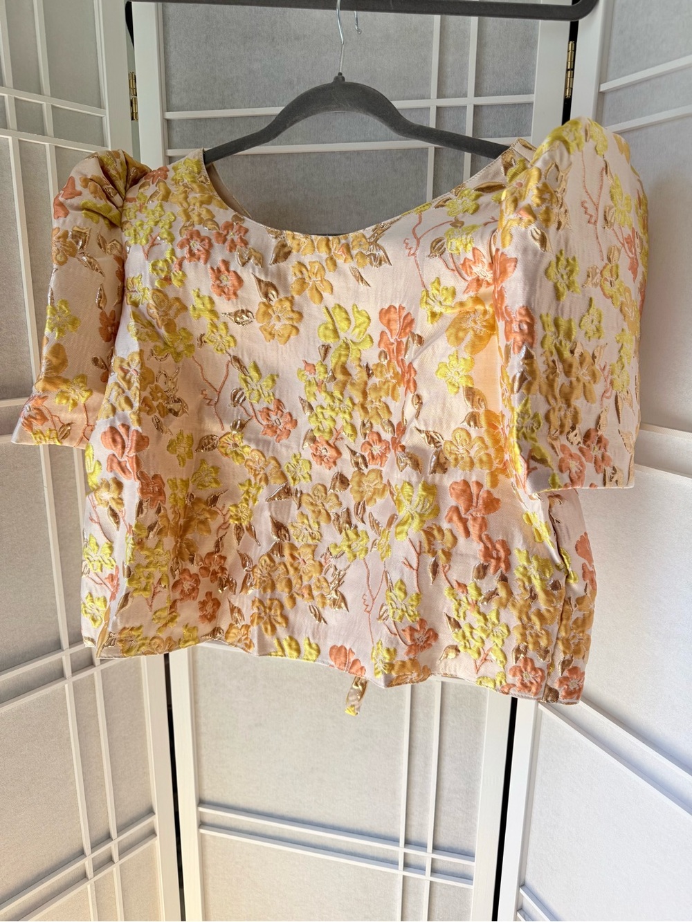 Embroidered Puff-Sleeve Crop Top in Cream with Yellow & Peach Florals